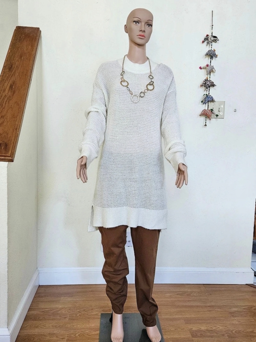 White Knit Sweater and Brown Pants